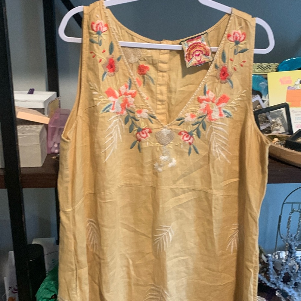 Johnny Was long, sleeveless dress pretty embroidered detail gold colored